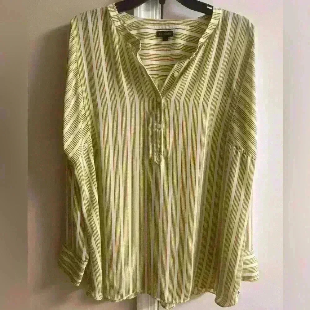TALBOTS white striped pop over 1/4 button up blouse. Large
